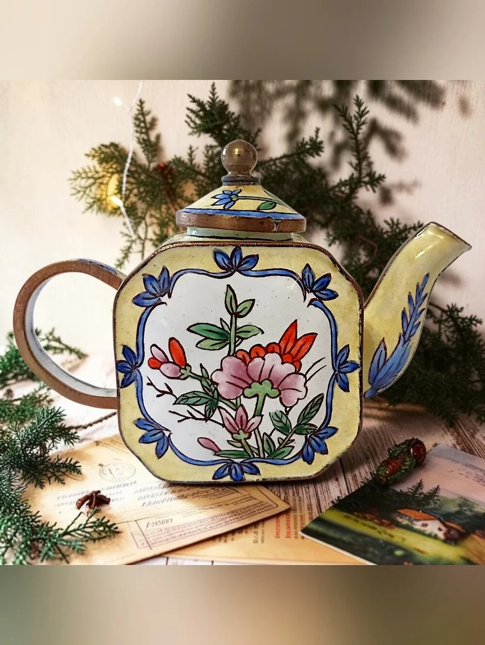 Vtg MINI Enameled Floral Teapot Chinoiserie Cloisonne Bloomcore Cottage Diorama
